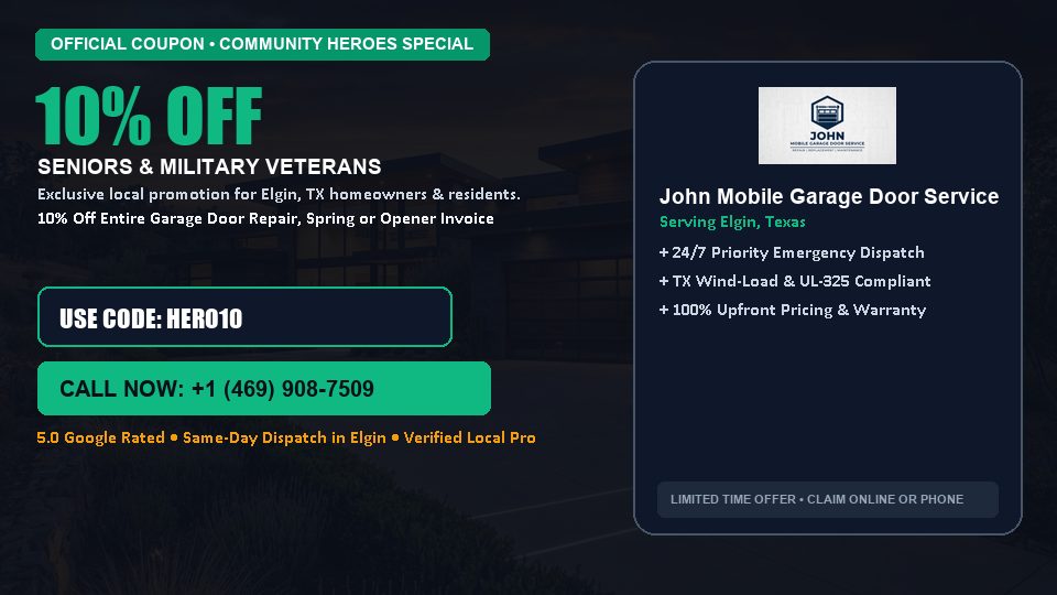 John Mobile Garage Door Service 10% OFF Seniors & Military Veterans in Elgin, TX